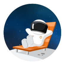 Illustrated astronaut relaxing on the moon, reclining in a lounge chair, with their hands clasped behind their head.
