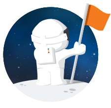 Illustration of an astronaut standing on the moon, planting an orange flag