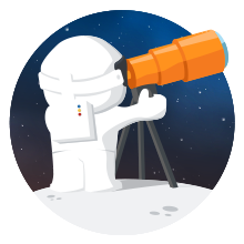 An astronaut, standing on the moon, looking into deep space through a large, orage telescope.